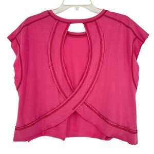 Womens Pink Cropped Cap Sleeve Cutout Back Performance T Shirt Size S Run Gym